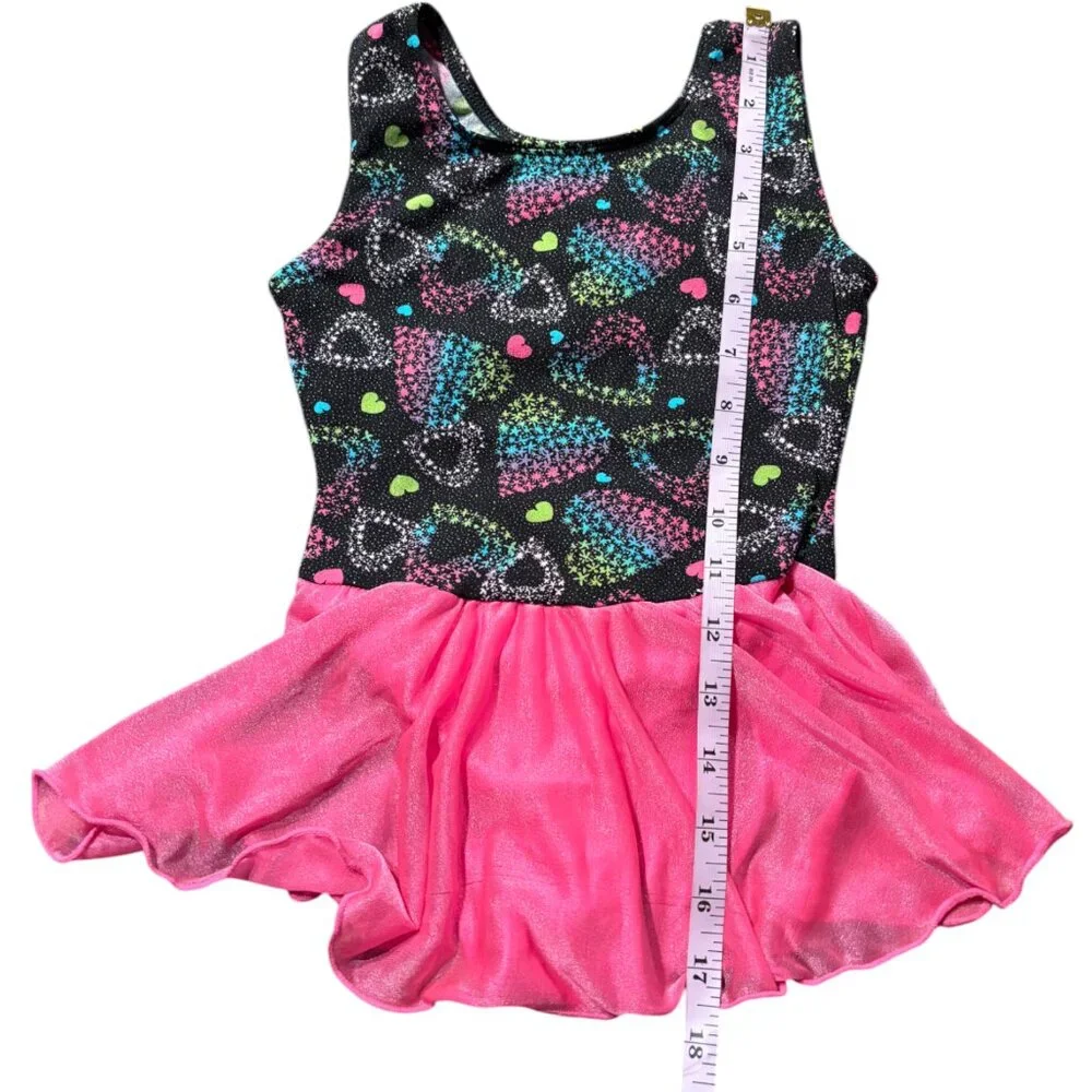 Jacques Moret girls skirted leotard hearts black pink sparkly gymnastic dance‎ S